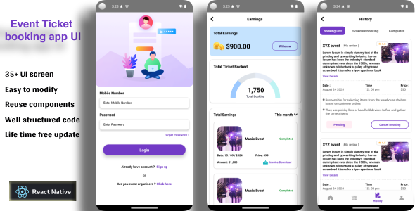 Event Ticket Booking App UI - React Native Template
