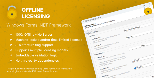 **Offline Licensing Manager for WinForms .NET 4.8 (C#/VB.NET)**