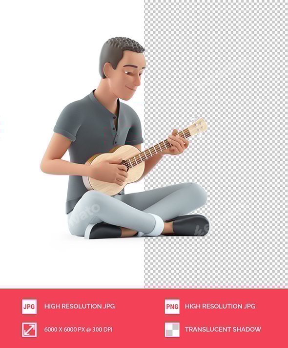 3D Character Man Playing Guitar Sitting on Floor