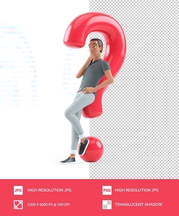 3D Character Man Leaning Under Question Mark