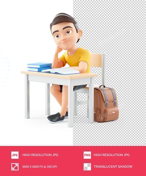 3D Boy Thinking at School Desk