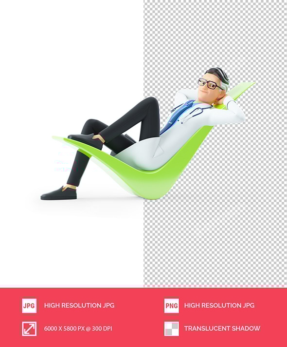 3D Cartoon Doctor Lying Down on Check Mark