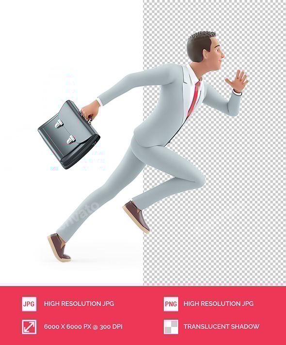 3D Character Businessman Running Very Fast with Briefcase