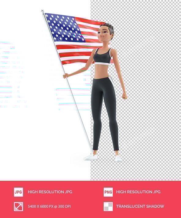 3D Sporty Character Woman Holding American Flag