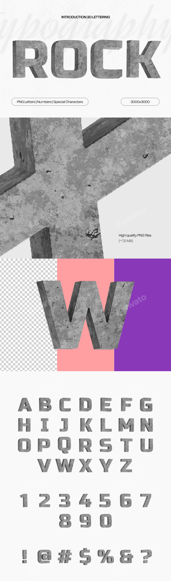 Rock – 3D Stone Texture Lettering Pack (A–Z, Numbers, Symbols)
