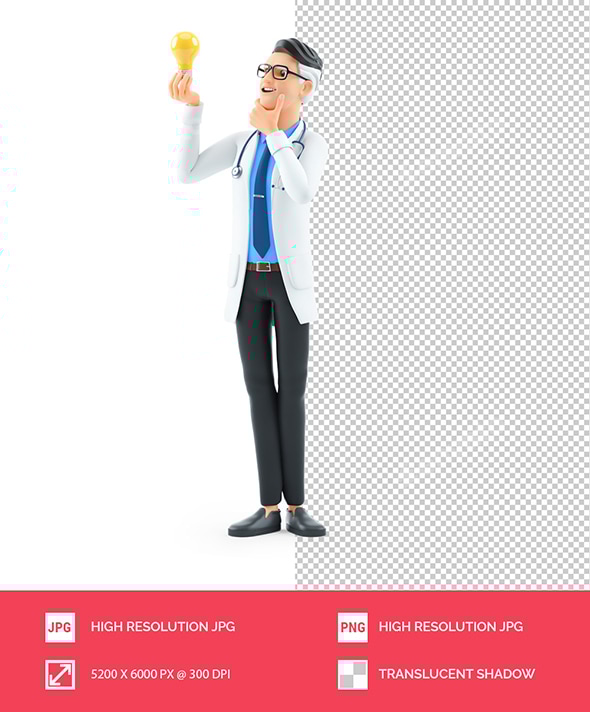 3D Cartoon Doctor Looking at Light Bulb