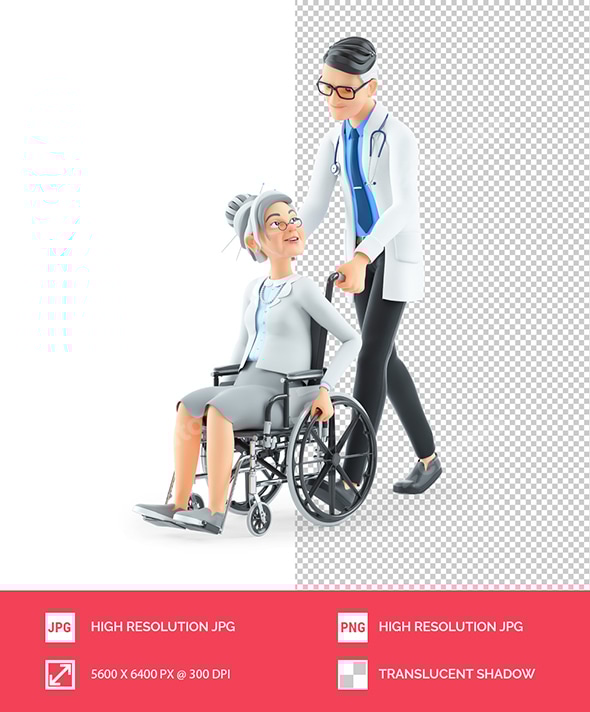 3D Cartoon Doctor Pushing Granny in Wheelchair