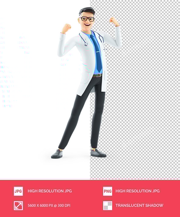 3D Cartoon Doctor Flexing Arm Muscles
