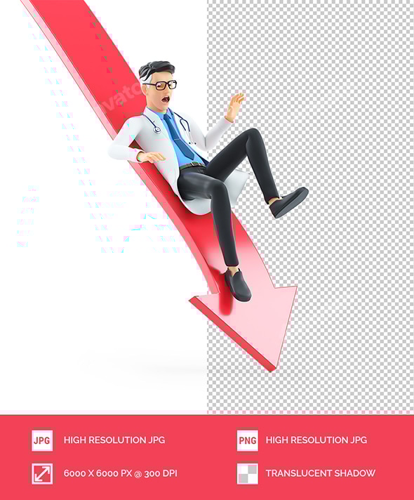 3D Cartoon Doctor Falling Off Downward Arrow