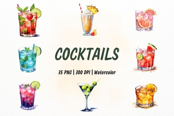 Watercolor Cocktail Drinks Clipart