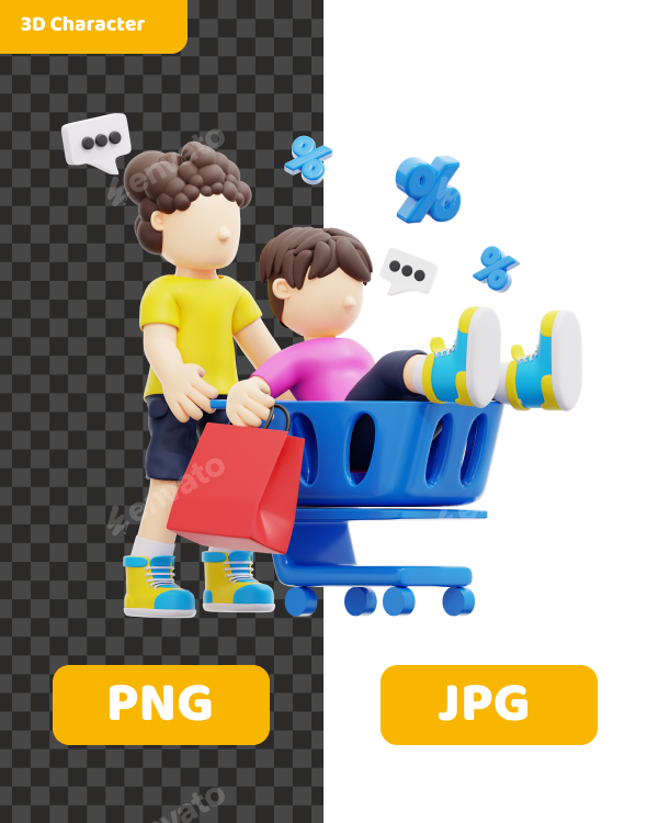 3D Couple Shopping Cart Illustration
