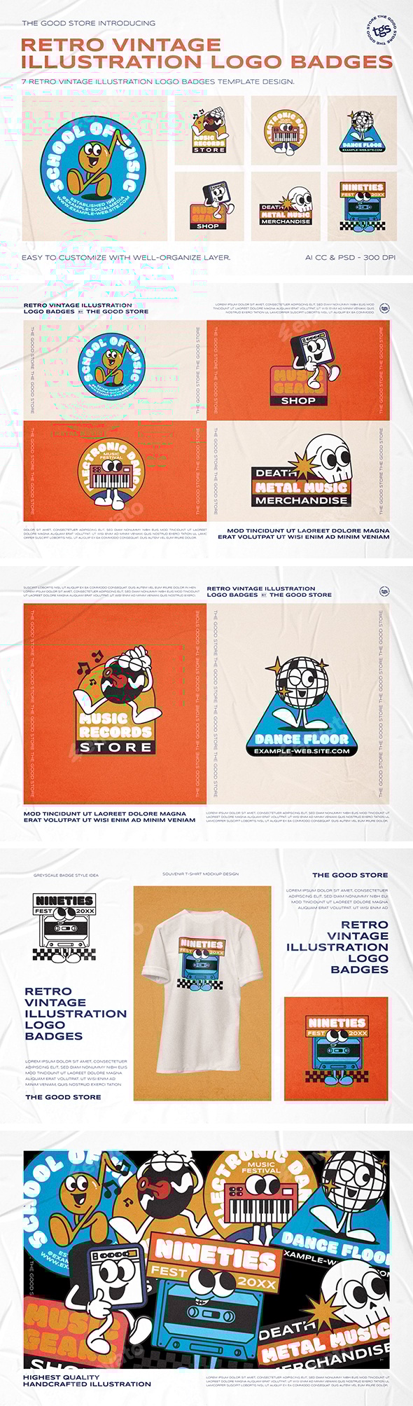Retro Vintage Cartoon Music World Logo Badges Set