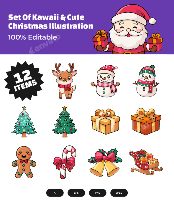 Set Of Kawaii & Cute Christmas Illustration