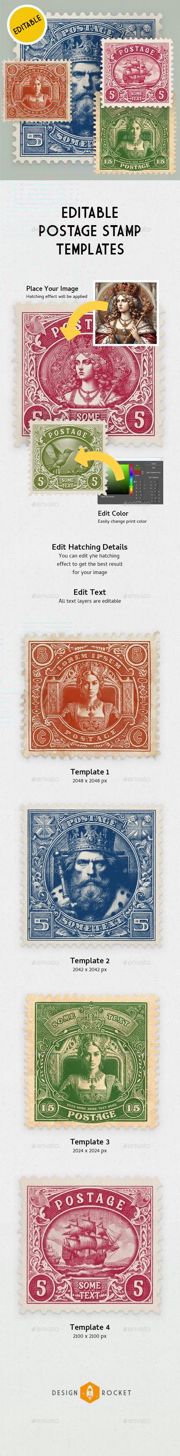 Editable Postage Stamp Templates with Engraving Effect