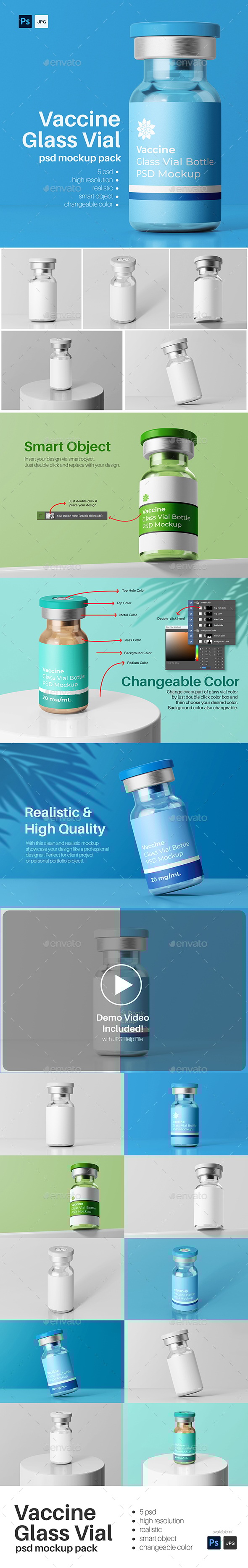 Vaccine Glass Vial Medical Bottle PSD Mockup Pack