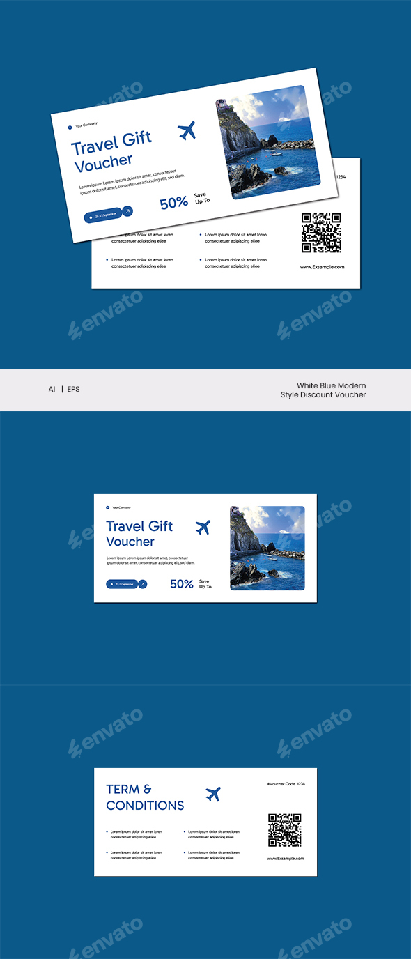 White Blue Modern Travel Gift Voucher
