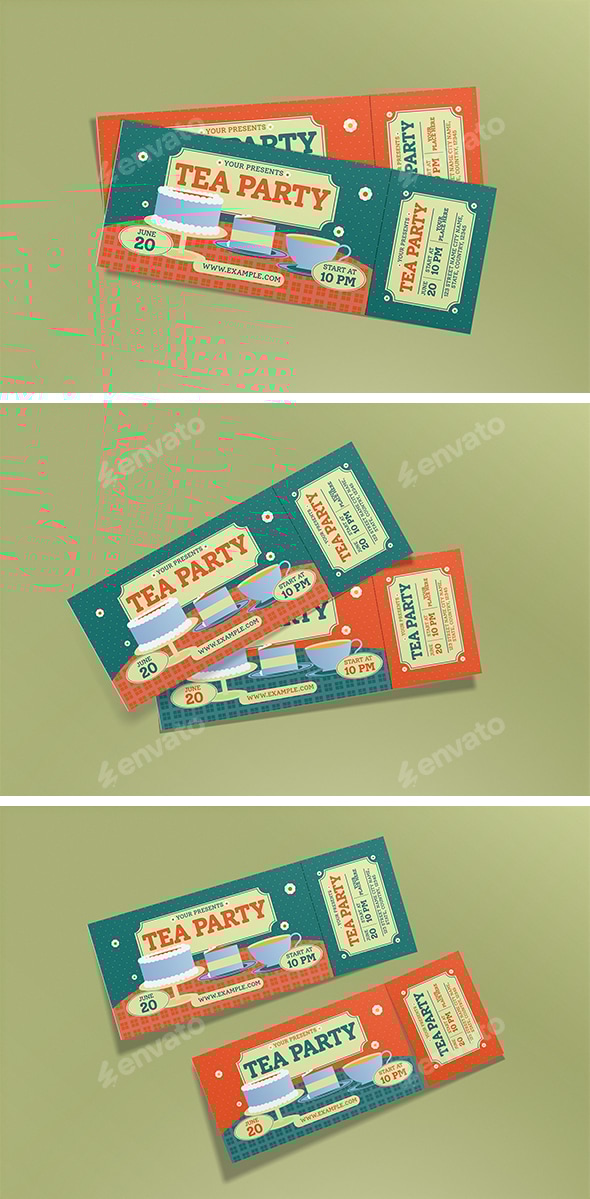 Orange Green Flat Design Tea Party Ticket