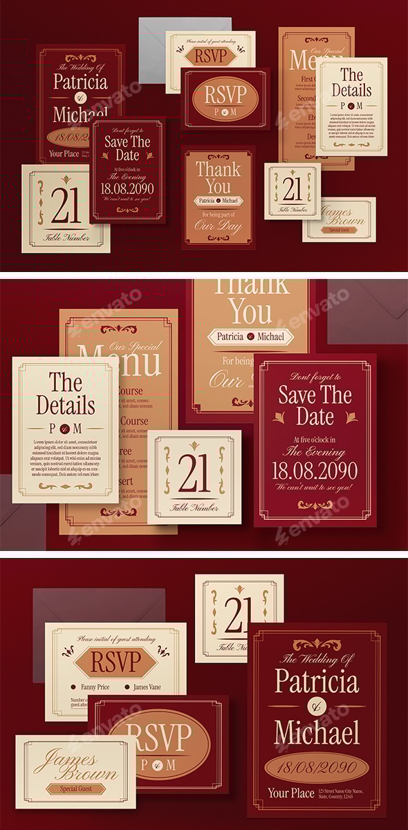 Red Vintage Aesthetic Wedding Invitation Set