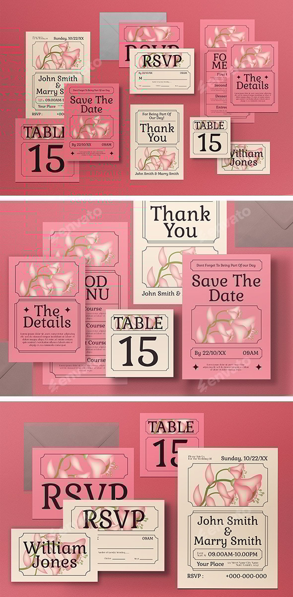 Green Pink Vintage Wedding Invitation Set
