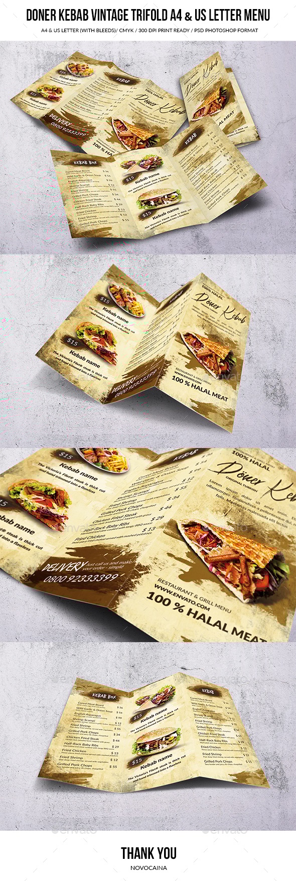 Doner Kebab Vintage Trifold A4 & US Letter Food Menu