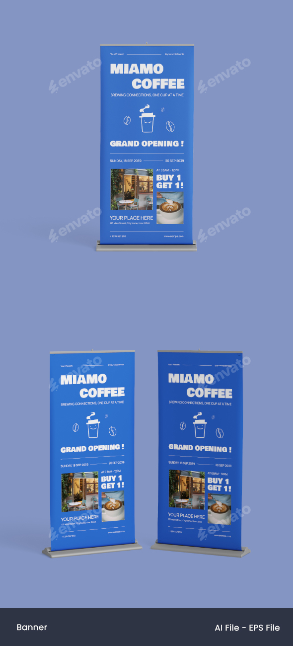 Blue White Modern Bold Rebrand Coffee Shop Grand Opening Banner