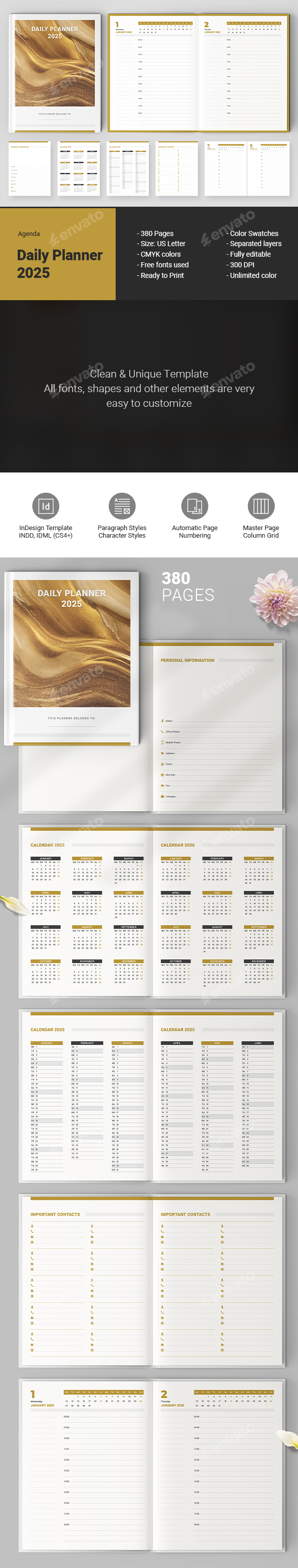 Daily Planner 2025. Organizer Calendar 2025. 380 Pages
