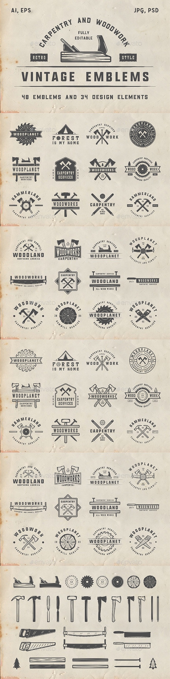 48 Vintage Carpentry Emblems