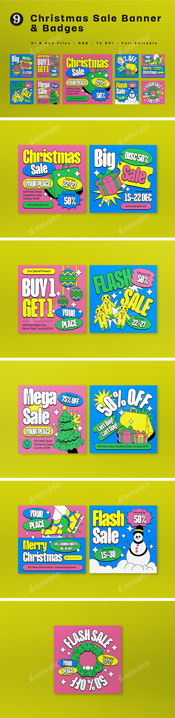 Blue Yellow Maximalist Christmas Sale Banner