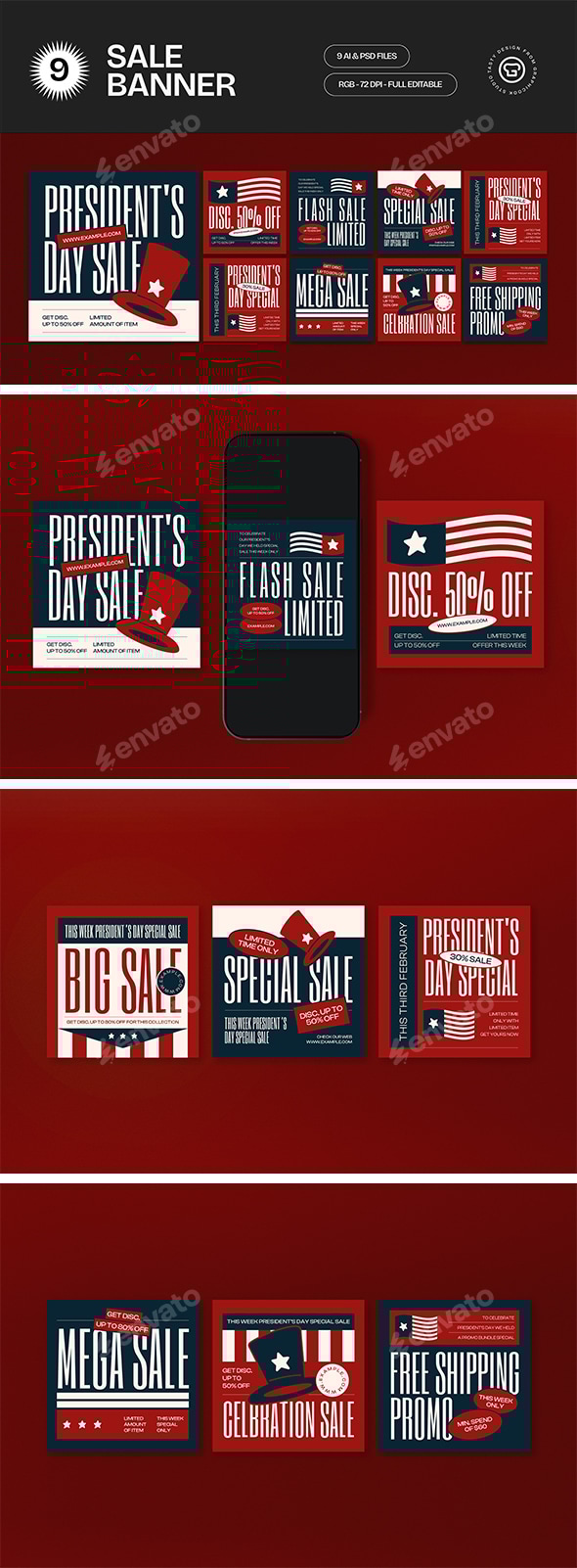 Blue Red Bold President Day Sale Banner