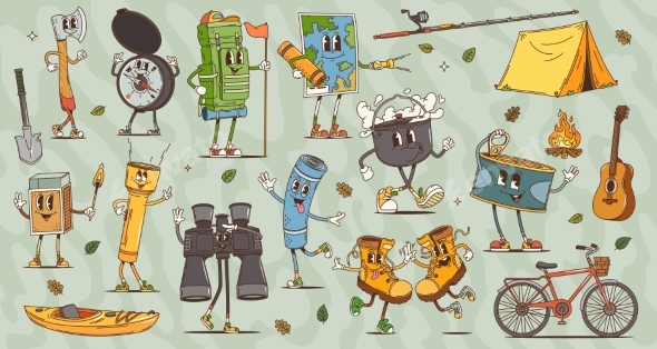 Cartoon Retro Groovy Travel Camp Characters