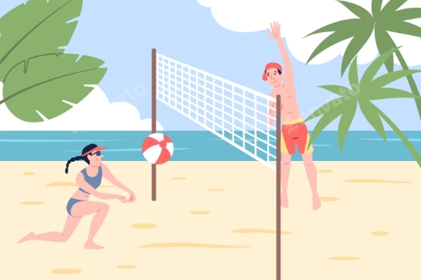 Couple Play Beach Volleyball