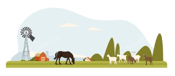 Farm Animals Horse and Goats Grazing on Green Field