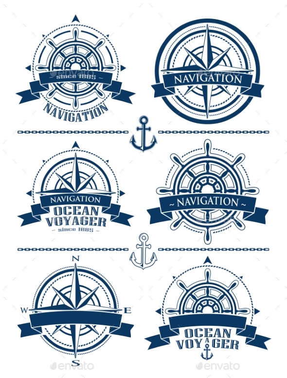Nautical Emblems with Windrose and Steering Wheel