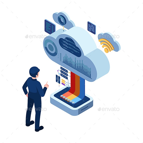 Isometric Businessman Using a Cloud-Based Software for Data Analysis