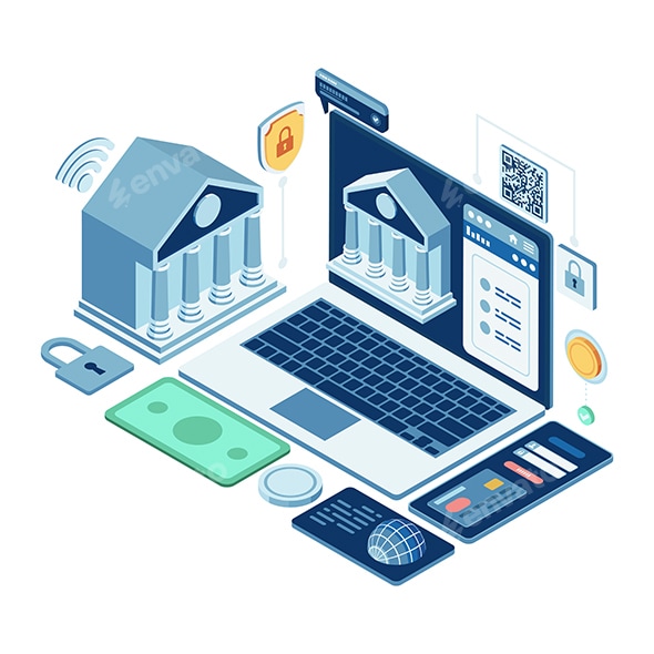 Isometric Digital Banking with Financial and Security Icons