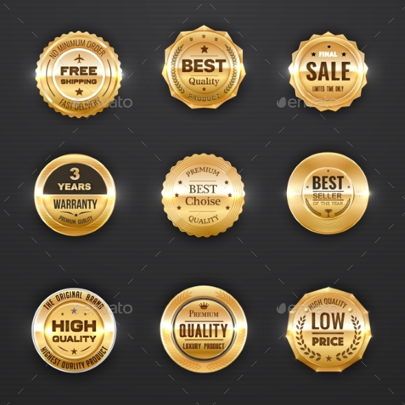 Warranty and Quality Labels Vector Golden Emblems