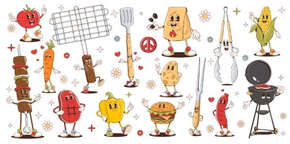 BBQ Barbecue Cartoon Retro Groovy Characters
