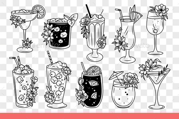 Cold Cocktails with Ice in Different Glasses