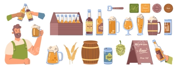 Brewer with Beer Alcohol Liquid and Pub Elements