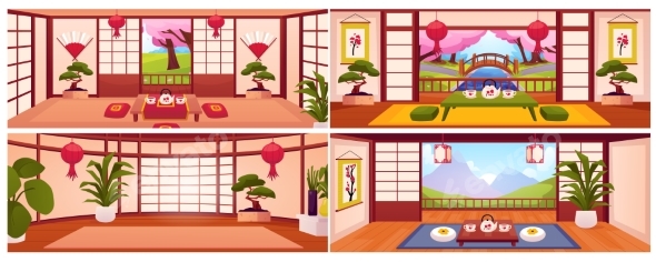 Japanese Room Interior Vector Flat Illustrations