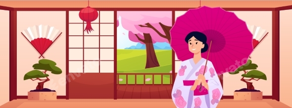 Beautiful Japanese Woman Holding Umbrella
