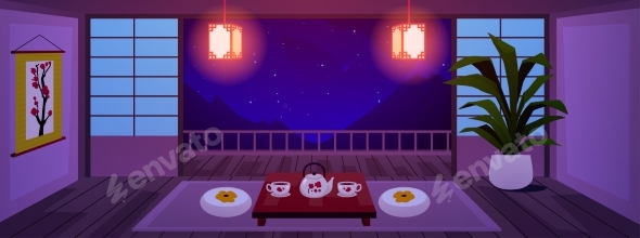 Japanese Room Interior in Night Vector Flat