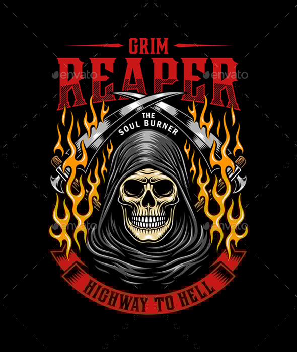 Burning Grim Reaper Head With Scythe Vector Graphic