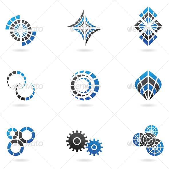 Blue Cog Icons (Set of 9) Isolated on a White Back