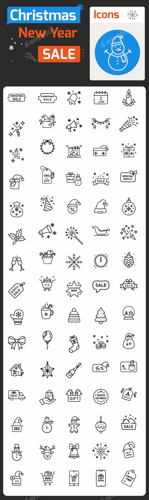 Christmas and New Year Sale - Outline Icons Set