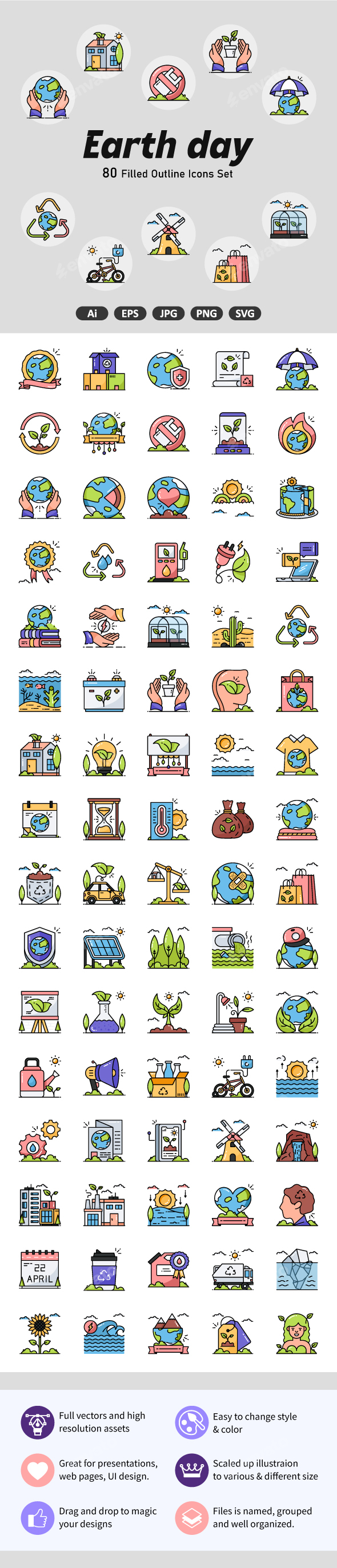 80 Earth Day Filled Outline Icon Set