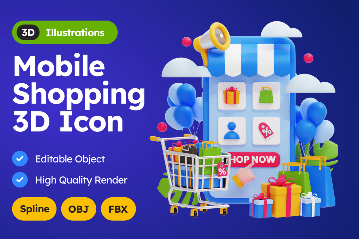 3D Mobile Shopping & E-commerce Illustration